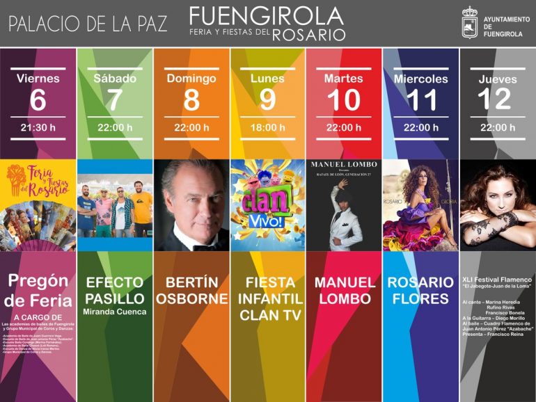 El XLI Festival Flamenco El Jabegote-Juan de la Loma con Marina Heredia, Rufino Rivas y Francisco Bonela al cante; Efecto Pasillo y el espectáculo infantil Clan TV completan el programa de actuaciones de Feria