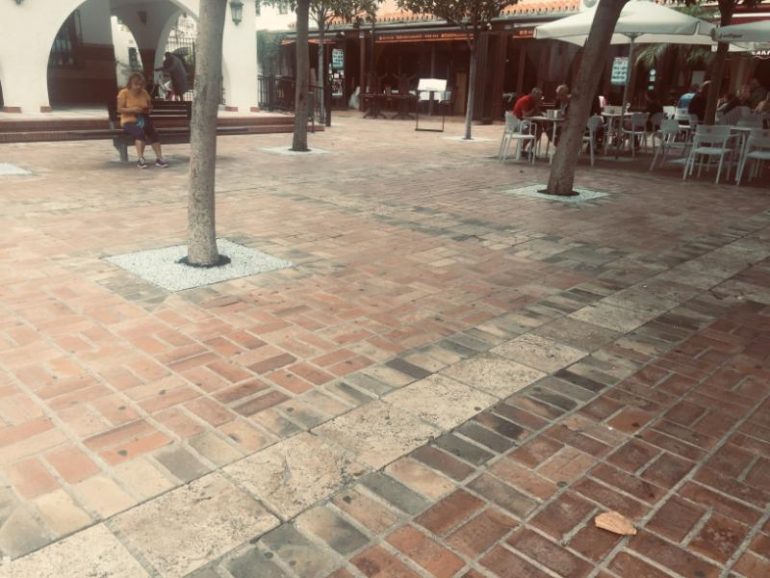 Los arreglos consisten en un drenaje con grava y tratando la zona del tronco del árbol para no dañarlo con caucho negro con resina